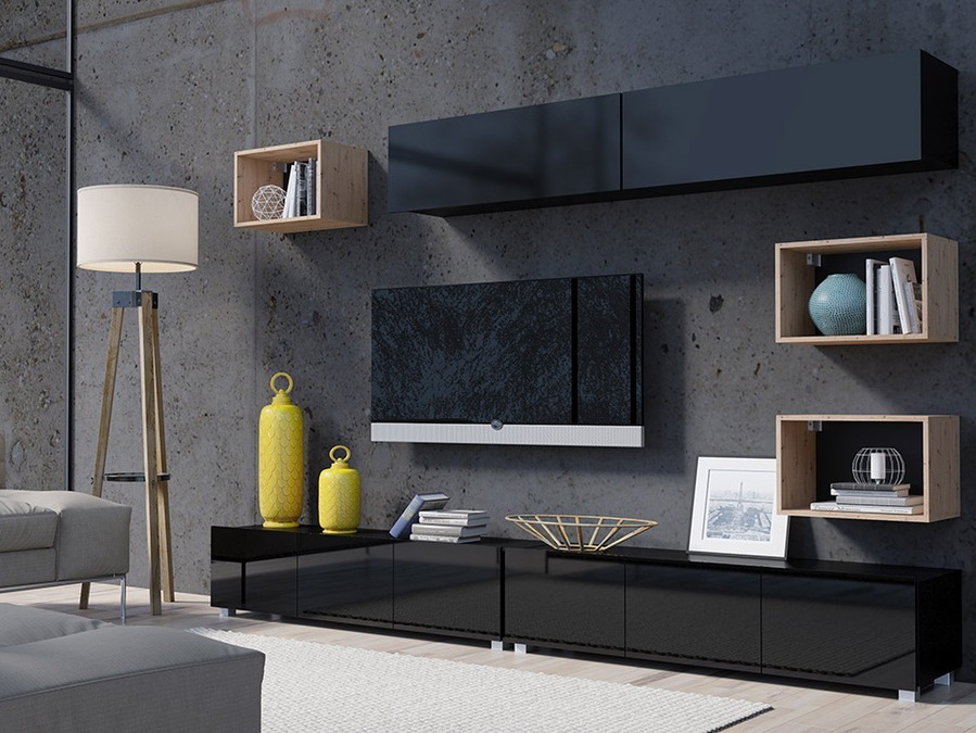 Viesistabas komplekts Tivdalu 151 (Melns + Glancēts melns + Artisan ozols)