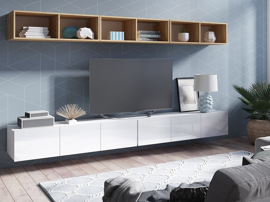 Viesistabas komplekts Tivdalu 153 (Balts + Glancēts balts + Zeltains ozols)